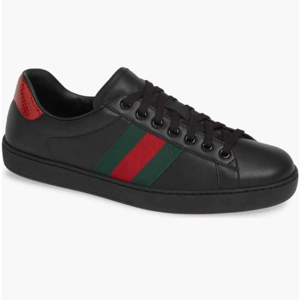 Gucci Black Leather Sneakers with Red and Green Stripe